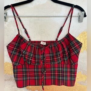 Brandy Melville J Galt Red Plaid Crop Top ajustable straps OS EUC